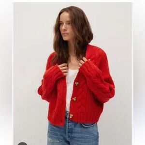 Mango Chunky Knit Red Cardigan Sweater